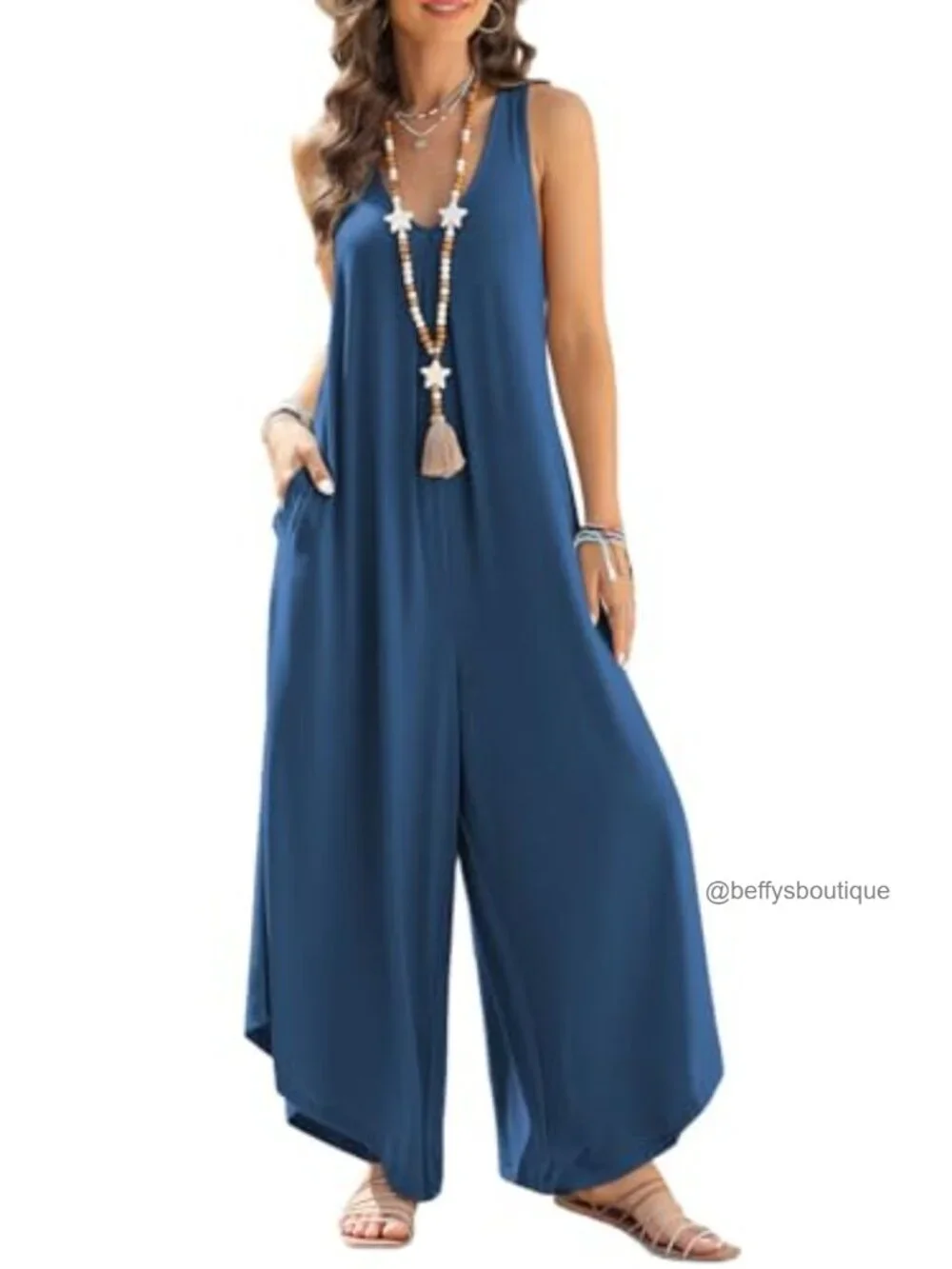 Women's Sleeveless V-Neck Ruched Wide Leg Jumpsuit with Pockets
